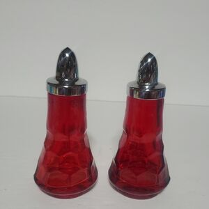 Ruby Red Viking Glass Salt and Pepper Shakers with Silver Tops